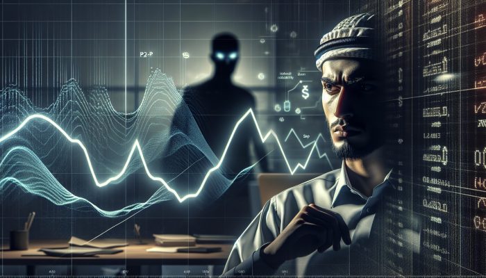 Best Peer-to-Peer Debt Consolidation Loans: UK Guide | DCL A person stressed by a fluctuating graph and a shadowy figure in a dimly lit office.