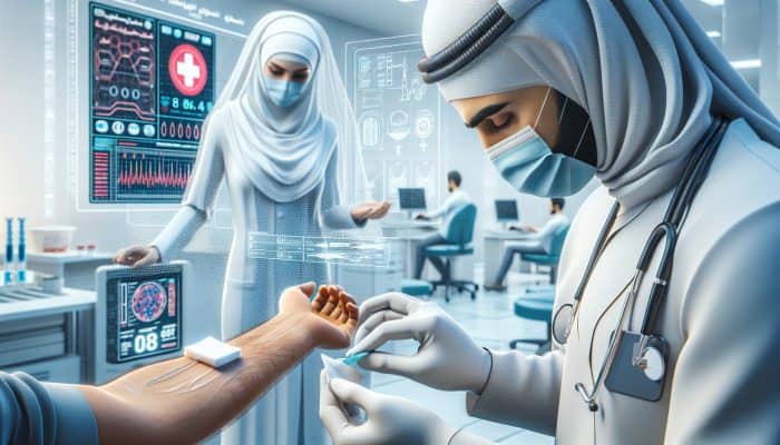 A healthcare professional sanitizing an arm and drawing blood for a cholesterol test in a clinic.