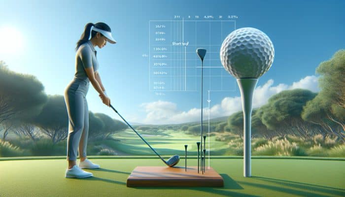 Golfer adjusting tee length on South African course, comparing short and tall tees under clear sky.