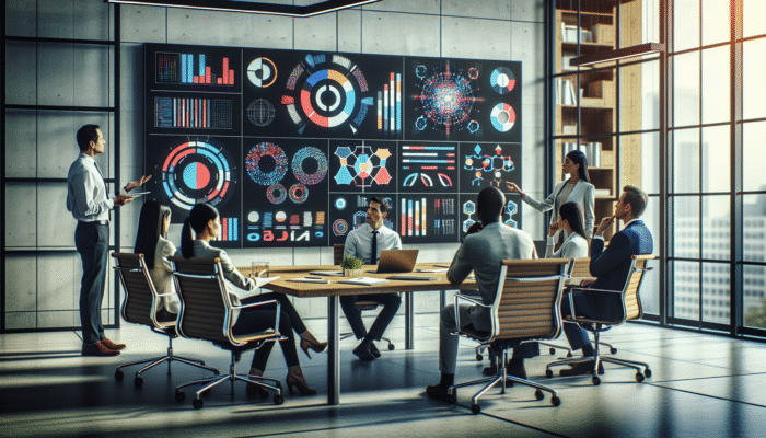 A diverse group of experts in a conference room analysing data and discussing E-E-A-T strategies.