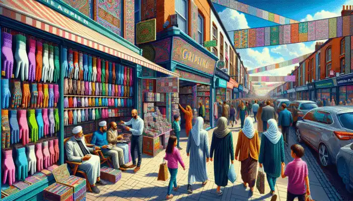 Buy Cotton Gloves In Runcorn high street with diverse shoppers browsing colourful cotton gloves in various shops.