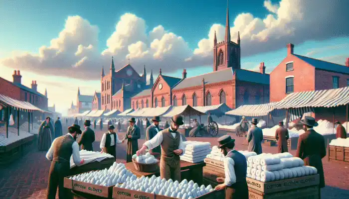 Market scene in Runcorn with vendors selling cotton gloves, experts discussing quality, buyers examining under clear sky with historical architecture.