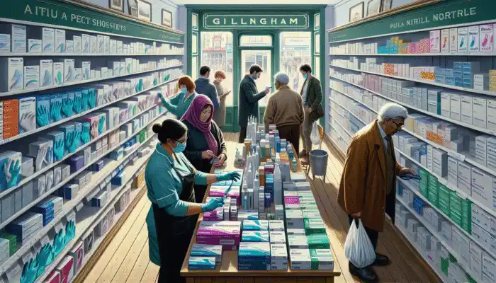 Buy Nitrile Gloves in Gillingham: A busy Gillingham pharmacy with diverse nitrile gloves for medical and general use, customers and staff present.