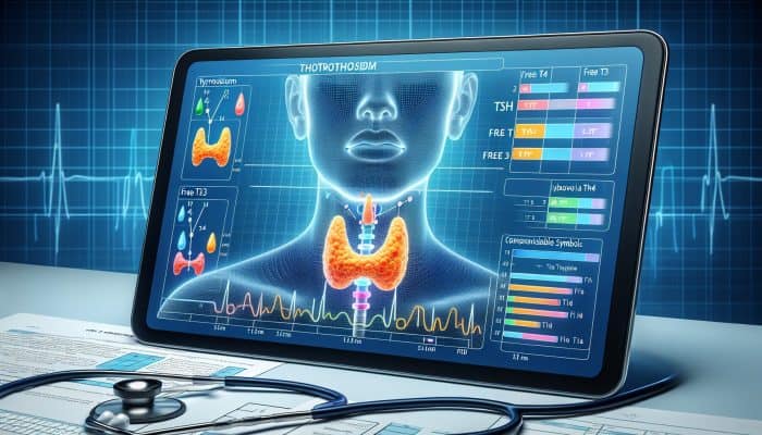 A medical chart showing TSH, Free T4, and Free T3 levels with color-coded indicators for thyroid conditions.