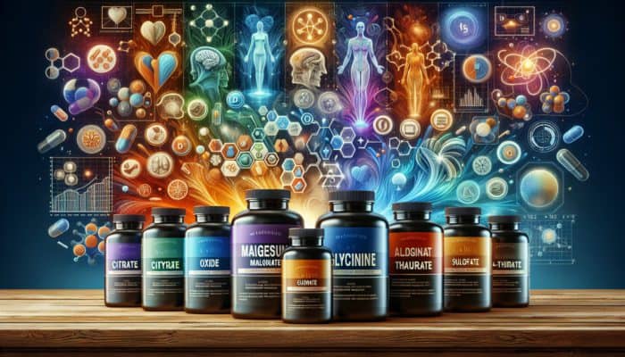 Reviewing Magnesium Supplements: Bottles of various magnesium supplements on a wooden table, with muscle and nerve illustrations in the background.