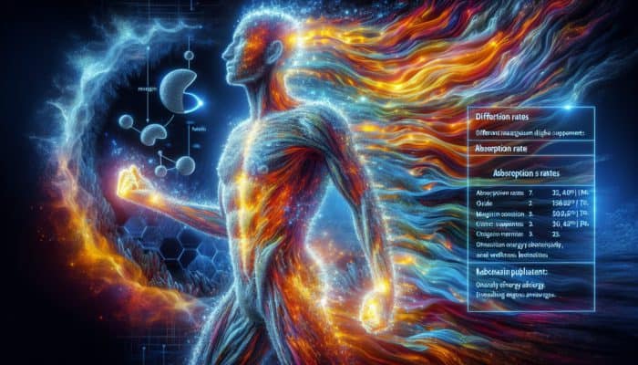 Illustration of magnesium supplements with absorption rates shown by colorful streams entering a human body, highlighting health benefits.