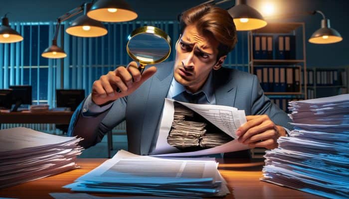 Hidden Fees in Debt Consolidation Loans: UK Insights | DCL A concerned person in a dimly lit office uncovering hidden fees in fine print on debt consolidation loan documents.