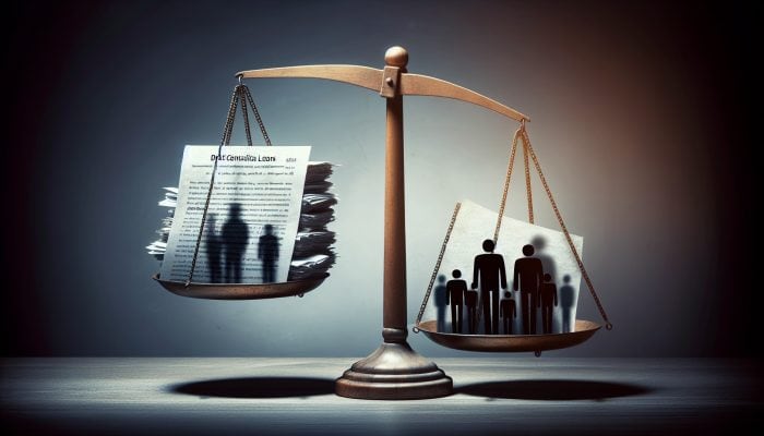 Hidden Fees in Debt Consolidation Loans: UK Insights | DCL A scale showing a loan document versus shadowy figures representing hidden fees, highlighting their impact on loan costs.