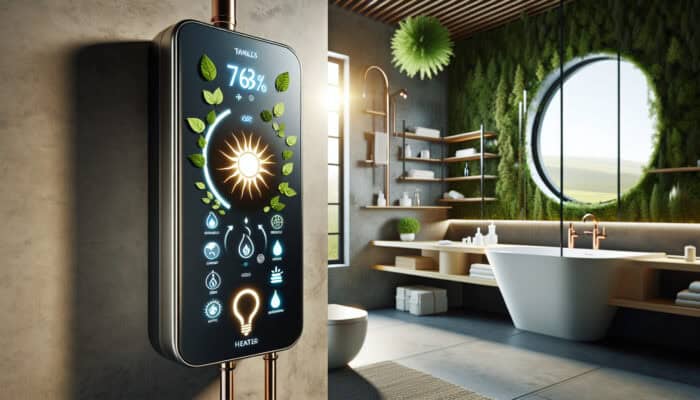 A modern tankless water heater in an eco-friendly bathroom, with energy efficiency graphs on a digital screen.