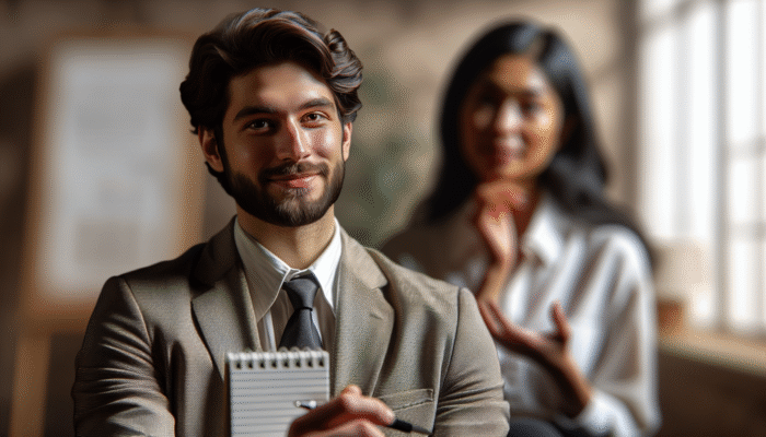 A professional interviewer attentively listens to an expert in a cozy, well-lit room, fostering rapport.