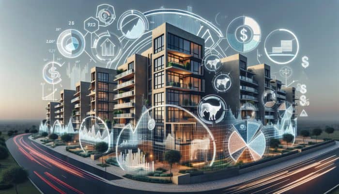 Investment charts and graphs over a mid-level housing complex in Welkom, with market analysis and economic trend icons.