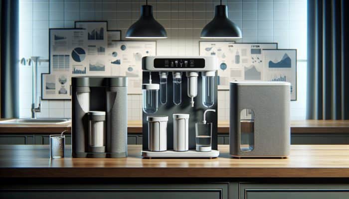 Three water purifiers on a kitchen counter: basic (£100), mid-range (£300), high-end (£1000).