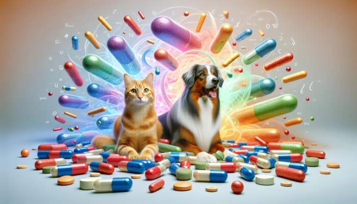 Colourful probiotic capsules surrounding a joyful dog and cat, intertwined with swirling bacterial strains.