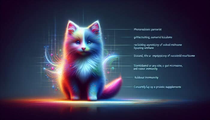 A vibrant pet showcasing a shiny coat and energetic demeanour, surrounded by a glowing aura, with probiotic supplements.