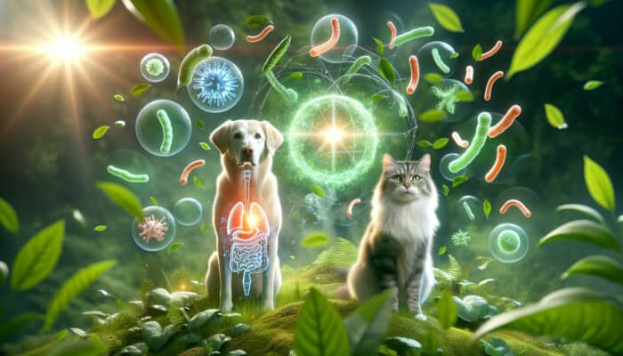A healthy dog and cat, showcasing glowing guts, surrounded by probiotic strains in a lush environment.