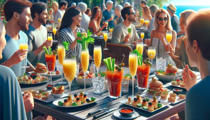 Bartender-Recommended Cocktails for Day Drinking: Brunch scene with mimosas, Bloody Marys, and Bellinis; people enjoying drinks and food outdoors.