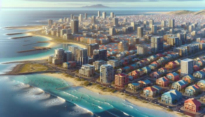 Aerial view of affordable coastal homes in diverse Durban neighbourhoods near vibrant beaches.