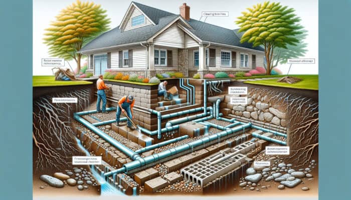 Illustration of weeping tile system maintenance: debris and vegetation removal, blockage checks to prevent foundation water pooling.