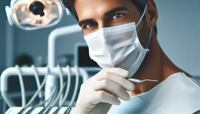 A healthcare worker in Neath wearing nitrile gloves during a dental procedure in a modern clinic.