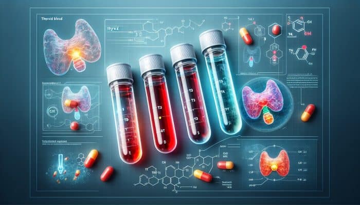Thyroid Blood Test in Loughborough: Illustration of thyroid blood test vials labelled T3, T4, TSH, with thyroid gland and metabolism diagram.