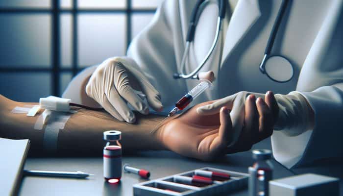 Ferritin Blood Test in Lincoln: A medical professional drawing blood into a syringe for a ferritin test in a clinic.