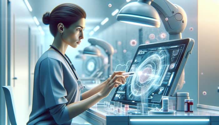 Illustration of a ferritin blood test in a modern Lincoln clinic, analyzed by a professional doctor.