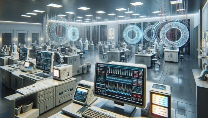 Modern lab in Lincoln with advanced immunoassay machines and digital health platforms displaying ferritin test results.