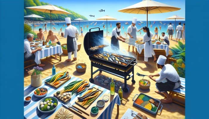 Chefs grilling and tasting different seaweeds on a beach BBQ, with colourful side dishes.