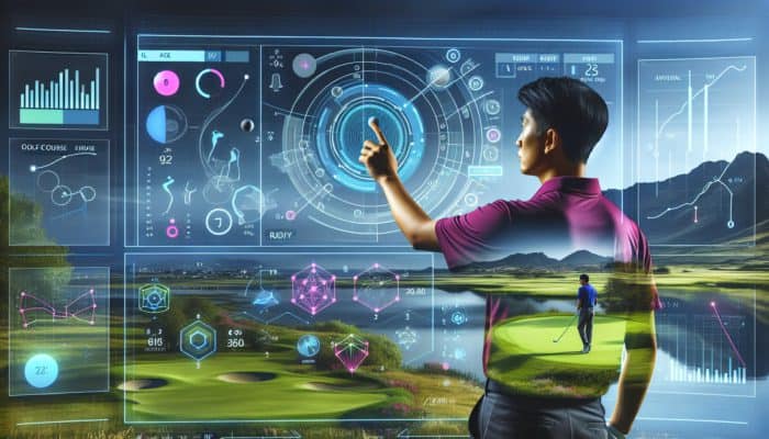 Golfer analysing South African course layout with digital interface and strategic shot simulations.