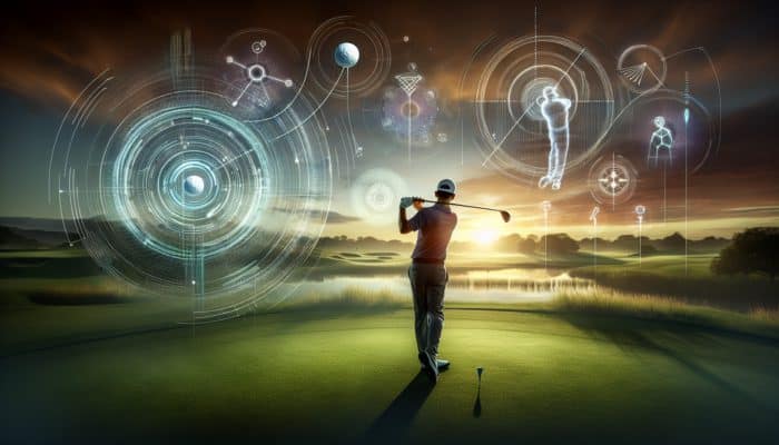 A golfer at sunrise on a serene course, using holographic tools for visualization and expert advice.