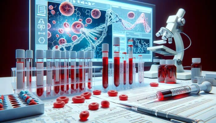 Ferritin Blood Test in Cardiff: Illustration of a ferritin blood test in a lab, showing blood samples and protein structures.