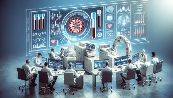 Illustration of ferritin blood test in Cardiff clinic with doctors analyzing results on digital screen.