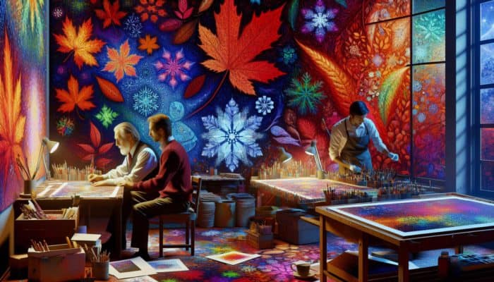 A seasoned artist teaching a student about deep colors for seasonal art in a vibrant studio with autumn leaves and snowflakes.