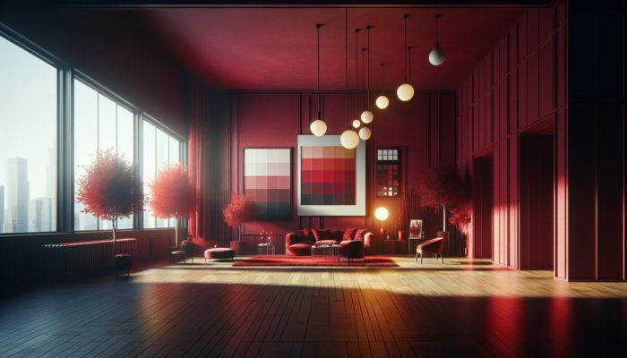 Deep red walls in a room, vibrant in daylight, muted in warm artificial light, illustrating seasonal color effects.