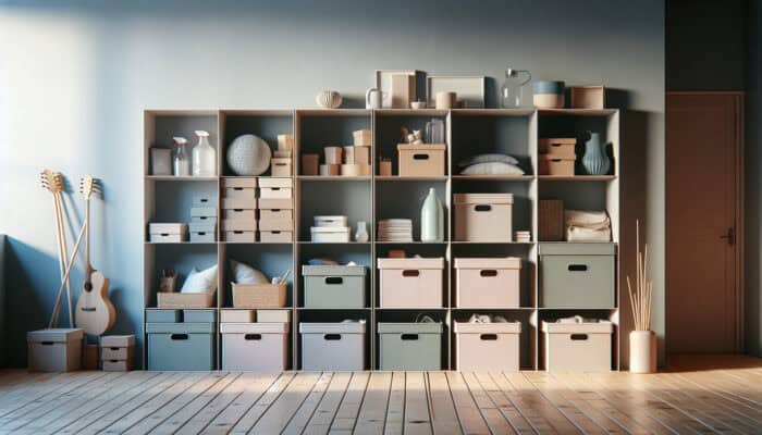 A minimalist room with four labeled boxes for sorting items: Keep, Donate, Sell, Trash, organized by an expert.