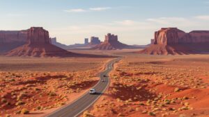A winding road cuts through a red, sandy desert landscape with scattered shrubs. Several cars drive along this scenic drive toward Monument Valley’s towering buttes and mesas under a blue sky, evoking a sense of open space and adventure.