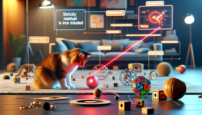 A cat focused on a laser dot, surrounded by interactive toys in a vibrant home environment.