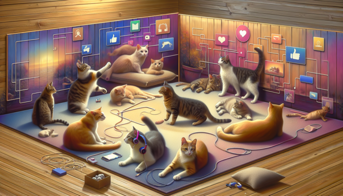 A vibrant digital illustration of cats in a cozy online community with a 'Join Our Feline Community on Facebook' banner.