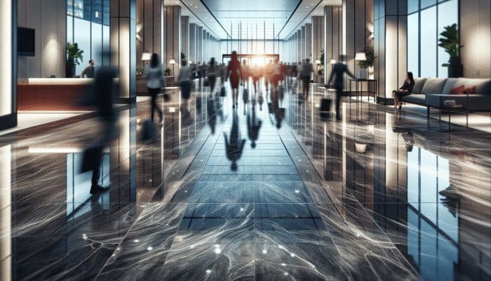 High-gloss stone floor reflecting light, polished with AKEMI Crystal Clean, in a well-lit home entryway.