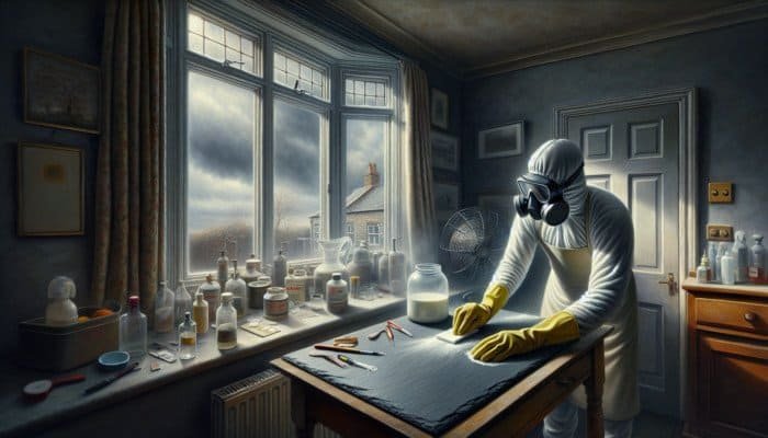 Person cleaning slate in UK home, wearing gloves and goggles, with ventilation on overcast day.