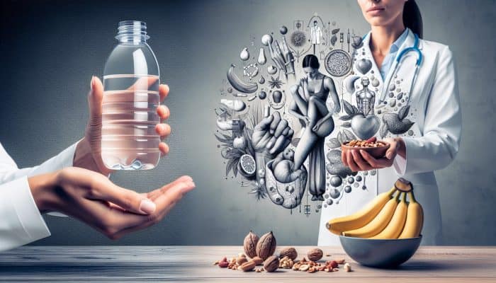 A person in the UK managing electrolyte balance with hydration, diet, and medical consultation.