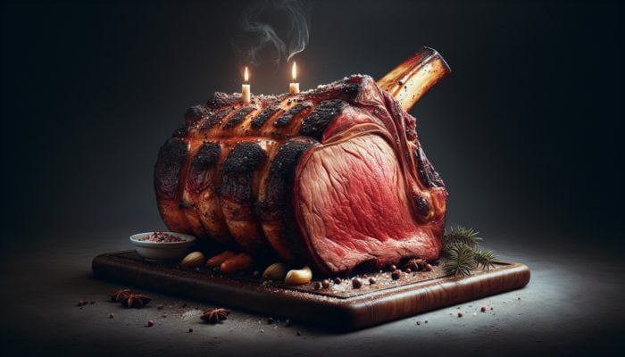A perfectly smoked standing rib roast with rich marbling and a caramelized crust.