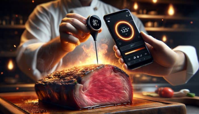 A wireless meat thermometer in prime rib showing 125°F, chef monitoring on smartphone, smoky background.