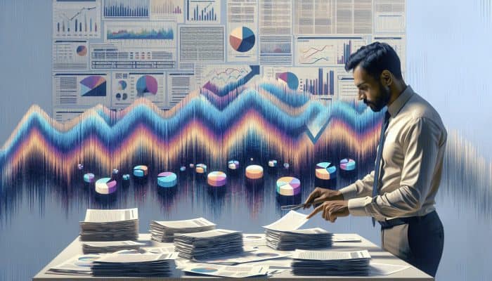 Common Misconceptions About Consolidation Loans: | DCL Person reviewing financial documents and credit reports, surrounded by charts showing credit score fluctuations.