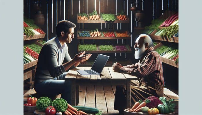 A small business owner in Chard listening to content creation advice, surrounded by fresh vegetables and a laptop.
