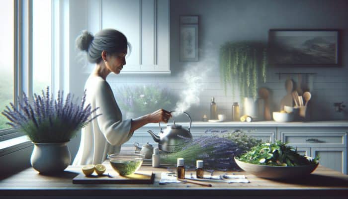 A person in a serene kitchen brewing chamomile tea, with lavender oil diffusing and a lemon balm salad.