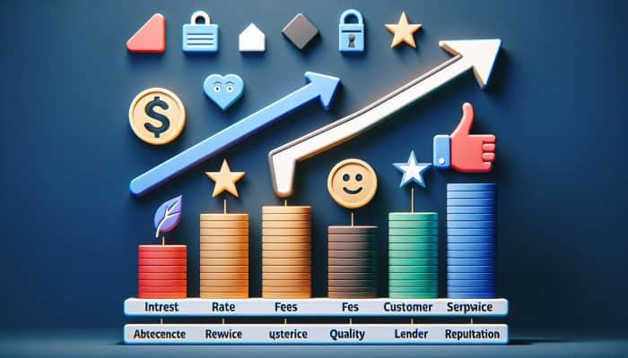 A comparison chart of loan ratings, showing interest rates, fees, customer service, and lender reputation in colour-coded sections.