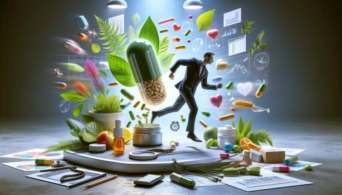 Person taking herbal capsule, surrounded by nature symbols, emphasizing convenience and natural health.
