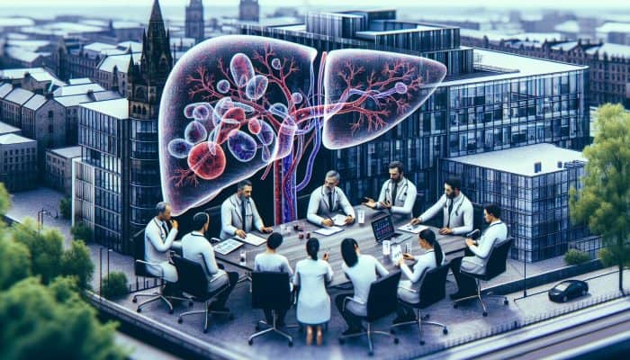Infographic of liver blood test results analysed by experts in a modern Glasgow clinic with Scottish architecture.