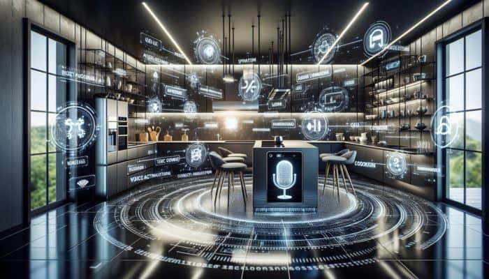 A modern kitchen featuring voice-activated gadgets like Amazon Echo and smart oven, boosting cooking efficiency.